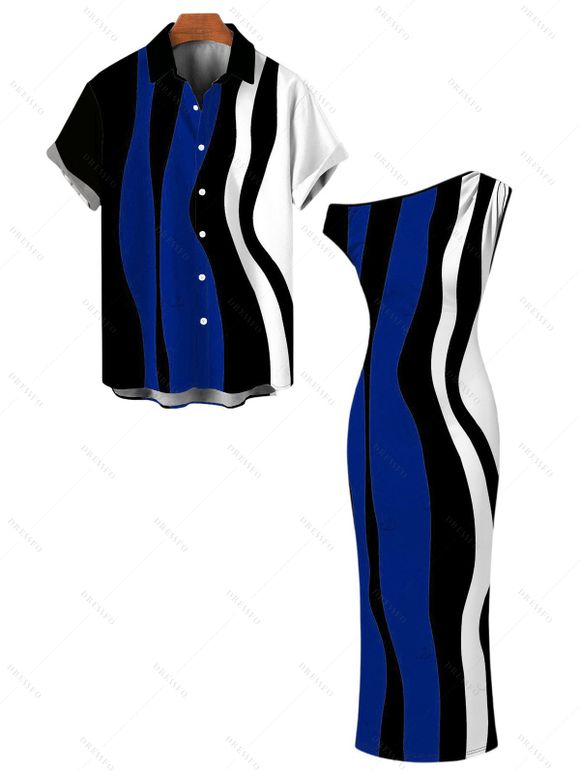 Vintage Couple Outfit Colorblock Art Fluid Curve Stripe Print Ruched One Shoulder Bodycon Maxi Dress and Shirt Set - Bleu profond S | US 4