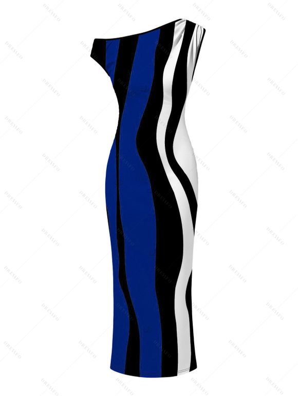 Vintage Couple Outfit Colorblock Art Fluid Curve Stripe Print Ruched One Shoulder Bodycon Maxi Dress and Shirt Set - Bleu profond S | US 4