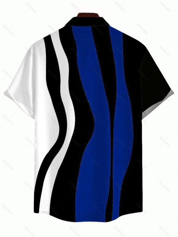 Vintage Couple Outfit Colorblock Art Fluid Curve Stripe Print Ruched One Shoulder Bodycon Maxi Dress and Shirt Set - Bleu profond S | US 4