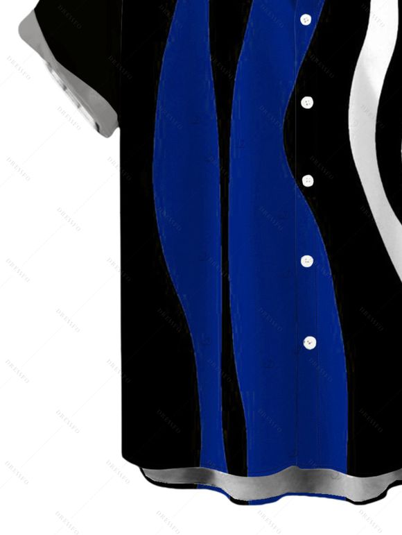 Vintage Couple Outfit Colorblock Art Fluid Curve Stripe Print Ruched One Shoulder Bodycon Maxi Dress and Shirt Set - Bleu profond S | US 4