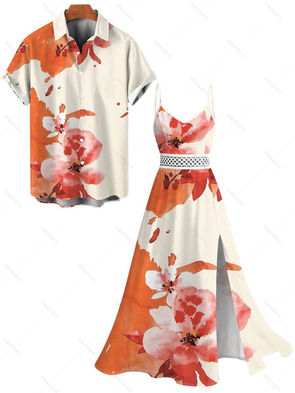 Vacation Couple Outfit Ink Painting Flower Print Lace Hollow Out Spaghetti Strap Slit Dress and Shirt Set - Orange Foncé S | US 4