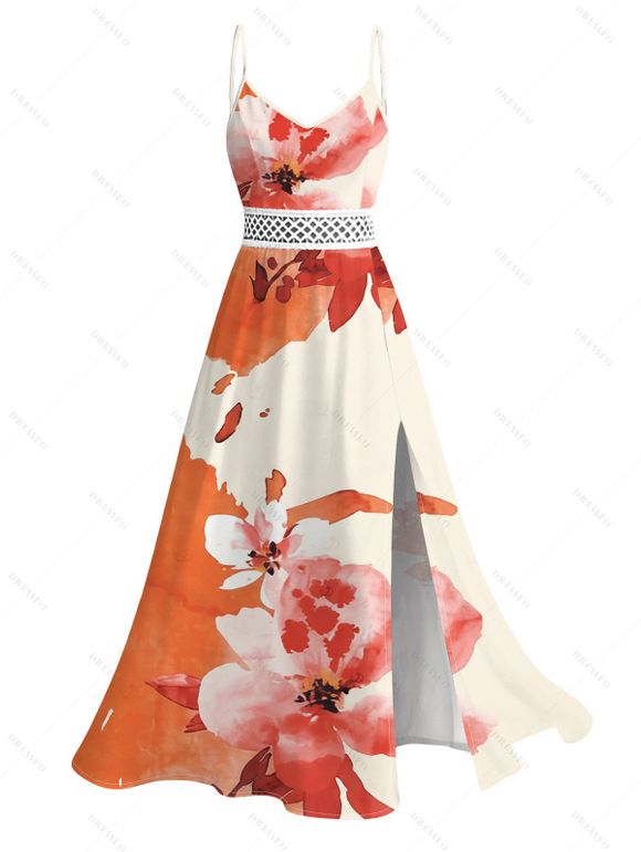 Vacation Couple Outfit Ink Painting Flower Print Lace Hollow Out Spaghetti Strap Slit Dress and Shirt Set - Orange Foncé S | US 4