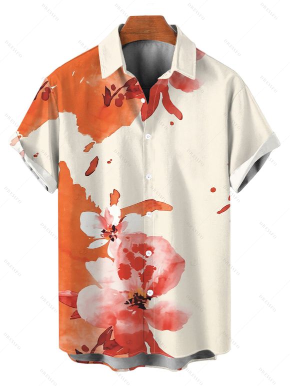 Vacation Couple Outfit Ink Painting Flower Print Lace Hollow Out Spaghetti Strap Slit Dress and Shirt Set - Orange Foncé S | US 4