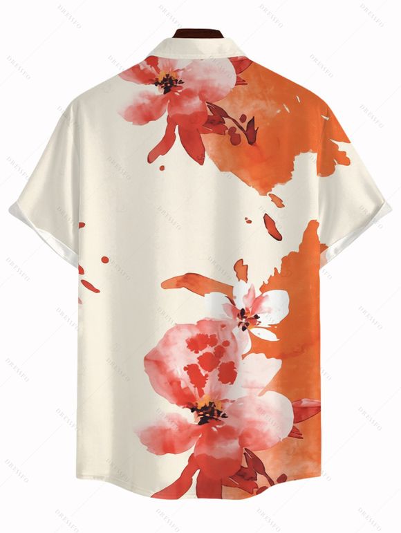 Vacation Couple Outfit Ink Painting Flower Print Lace Hollow Out Spaghetti Strap Slit Dress and Shirt Set - Orange Foncé S | US 4