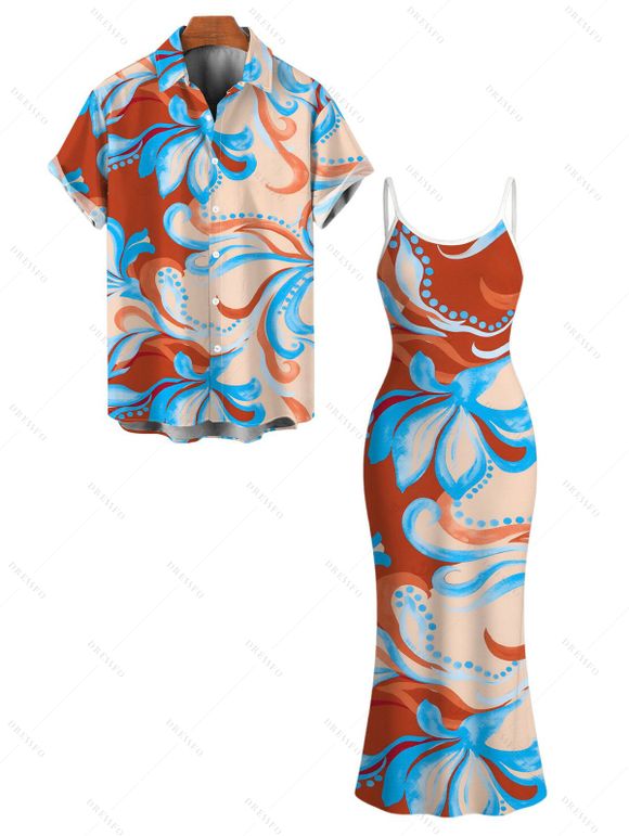 Beach Vacation Couple Outfit Colorblock Tropical Abstract Flower Print Spaghetti Strap Maxi Bodycon Dress and Shirt Set - Orange Foncé S | US 4