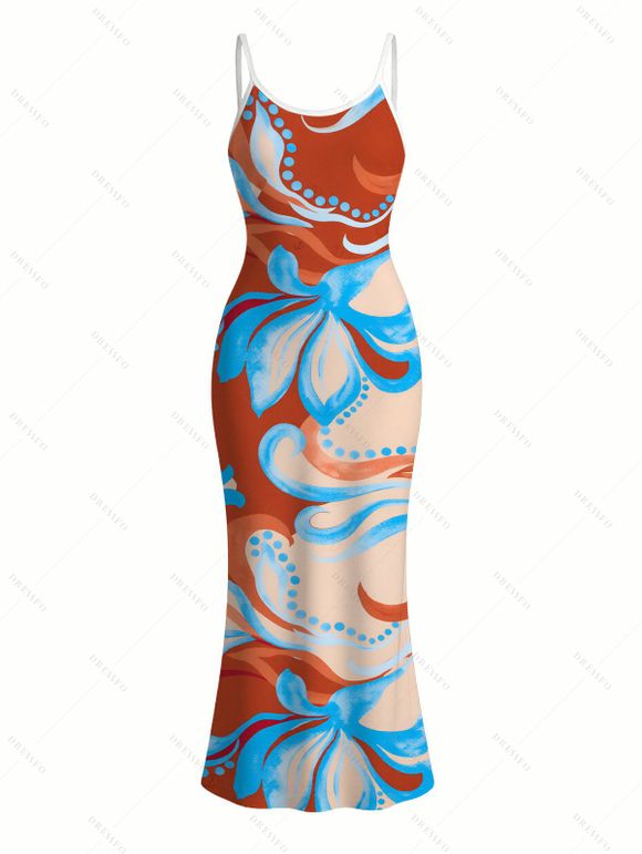 Beach Vacation Couple Outfit Colorblock Tropical Abstract Flower Print Spaghetti Strap Maxi Bodycon Dress and Shirt Set - Orange Foncé S | US 4