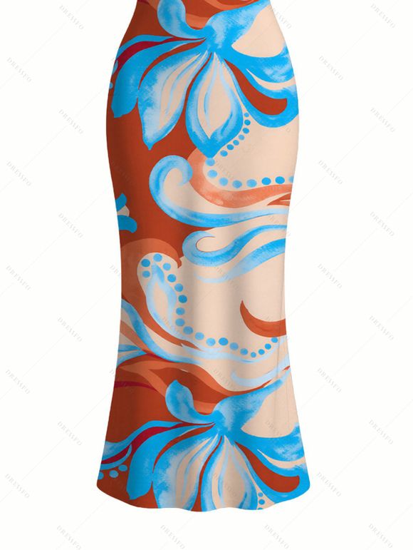 Beach Vacation Couple Outfit Colorblock Tropical Abstract Flower Print Spaghetti Strap Maxi Bodycon Dress and Shirt Set - Orange Foncé S | US 4