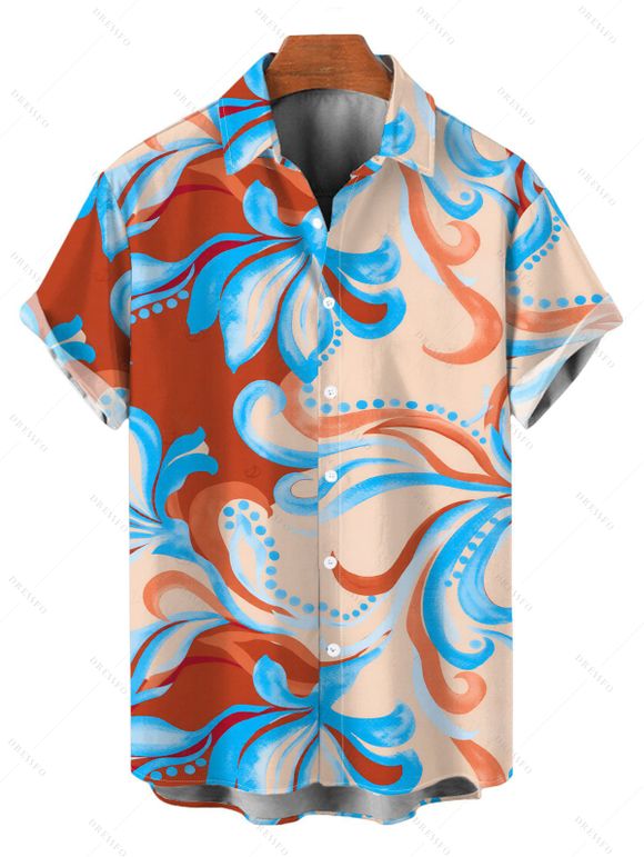 Beach Vacation Couple Outfit Colorblock Tropical Abstract Flower Print Spaghetti Strap Maxi Bodycon Dress and Shirt Set - Orange Foncé S | US 4