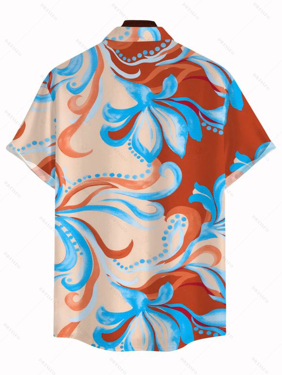 Beach Vacation Couple Outfit Colorblock Tropical Abstract Flower Print Spaghetti Strap Maxi Bodycon Dress and Shirt Set - Orange Foncé S | US 4