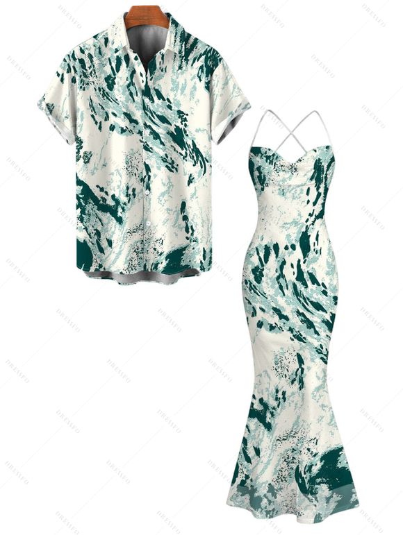 Vacation Couple Outfit Abstract Ink Painting Print Crisscross Mesh Spaghetti Strap Bodycon Mermaid Maxi Dress and Shirt Set - Vert profond S | US 4