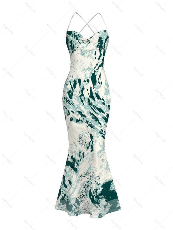 Vacation Couple Outfit Abstract Ink Painting Print Crisscross Mesh Spaghetti Strap Bodycon Mermaid Maxi Dress and Shirt Set - Vert profond S | US 4