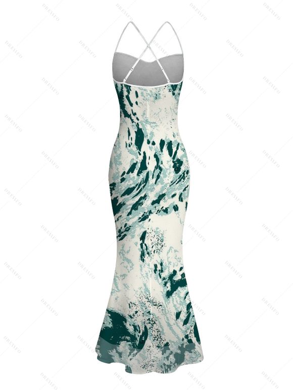 Vacation Couple Outfit Abstract Ink Painting Print Crisscross Mesh Spaghetti Strap Bodycon Mermaid Maxi Dress and Shirt Set - Vert profond S | US 4