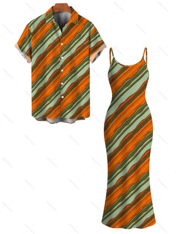 Vacation Vintage Couple Outfit Colorblock Bias Striped Print Spaghetti Strap Bodycon Maxi Dress and Shirt Set - multicolor A S | US 4