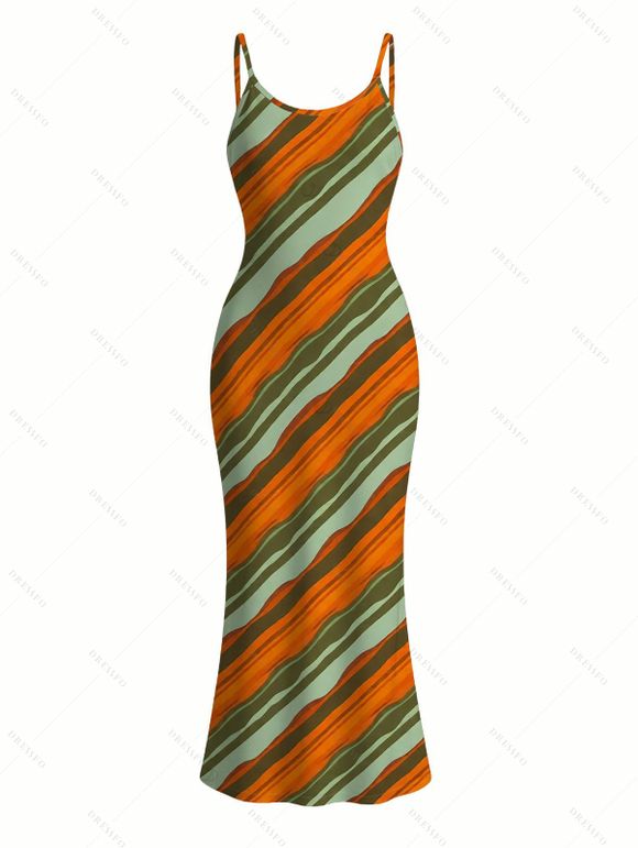 Vacation Vintage Couple Outfit Colorblock Bias Striped Print Spaghetti Strap Bodycon Maxi Dress and Shirt Set - multicolor A S | US 4