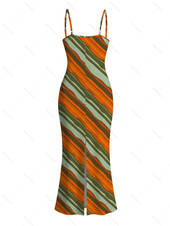 Vacation Vintage Couple Outfit Colorblock Bias Striped Print Spaghetti Strap Bodycon Maxi Dress and Shirt Set - multicolor A S | US 4