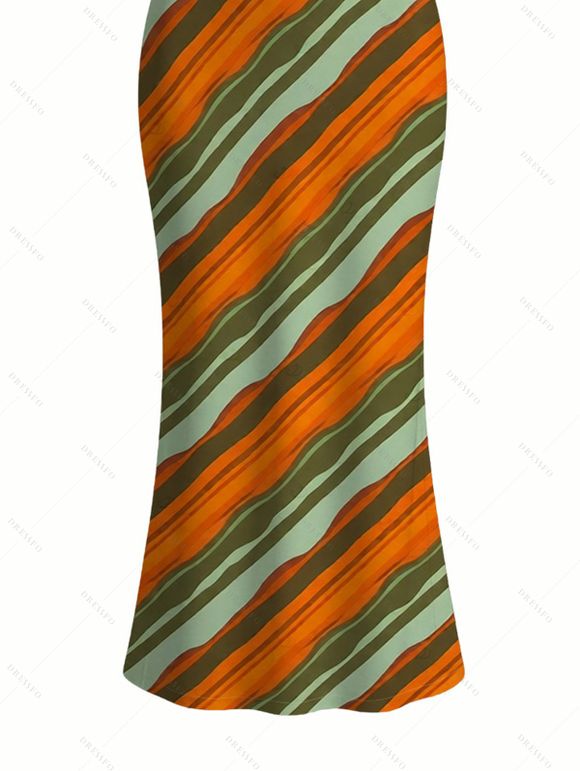 Vacation Vintage Couple Outfit Colorblock Bias Striped Print Spaghetti Strap Bodycon Maxi Dress and Shirt Set - multicolor A S | US 4
