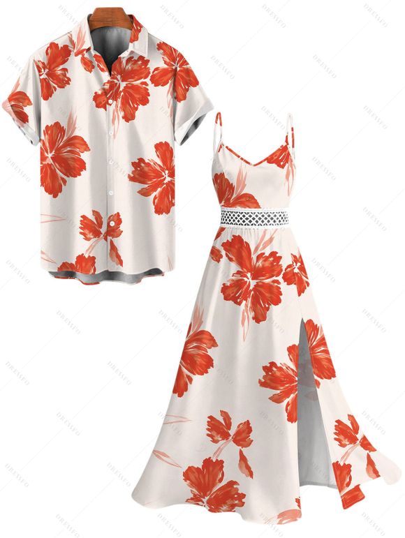 Vacation Couple Outfit Watercolor Floral Print Lace Hollow Out Spaghetti Strap Slit Dress and Shirt Set - Orange Foncé S | US 4
