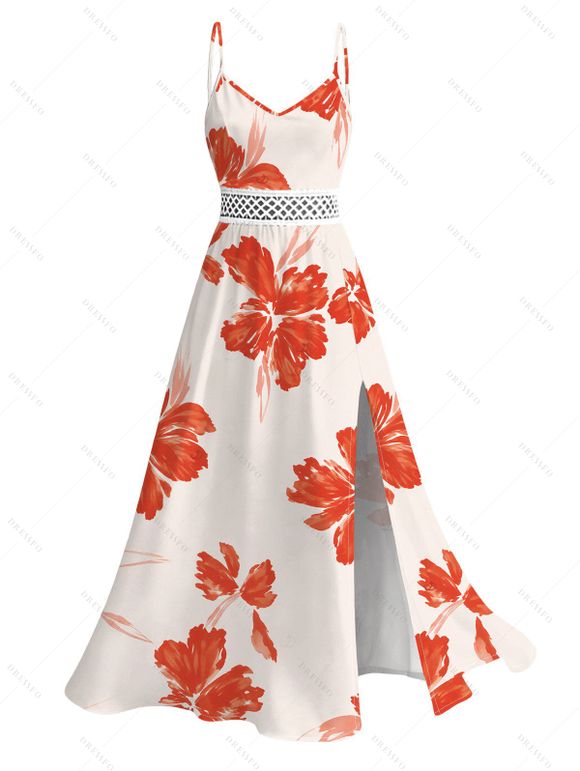 Vacation Couple Outfit Watercolor Floral Print Lace Hollow Out Spaghetti Strap Slit Dress and Shirt Set - Orange Foncé S | US 4