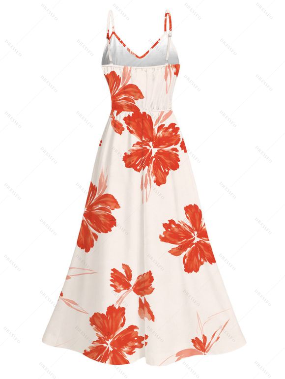 Vacation Couple Outfit Watercolor Floral Print Lace Hollow Out Spaghetti Strap Slit Dress and Shirt Set - Orange Foncé S | US 4