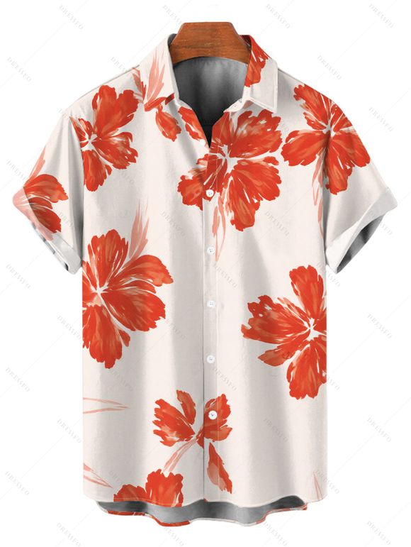 Vacation Couple Outfit Watercolor Floral Print Lace Hollow Out Spaghetti Strap Slit Dress and Shirt Set - Orange Foncé S | US 4