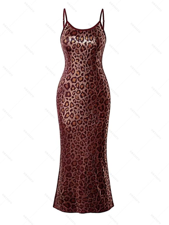 Vintage Vacation Couple Outfit Leopard Print Spaghetti Strap Maxi Bodydon Dress and Shirt Set - Rouge Vineux S | US 4