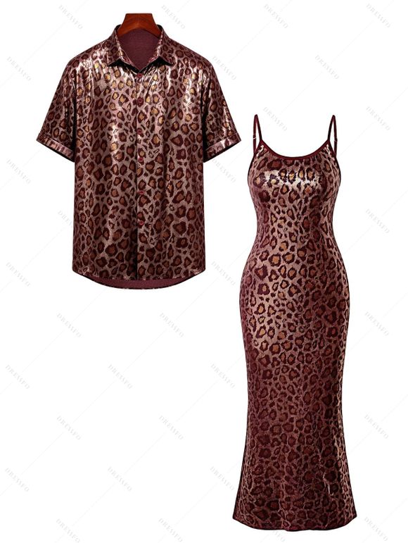 Vintage Vacation Couple Outfit Leopard Print Spaghetti Strap Maxi Bodydon Dress and Shirt Set - Rouge Vineux S | US 4
