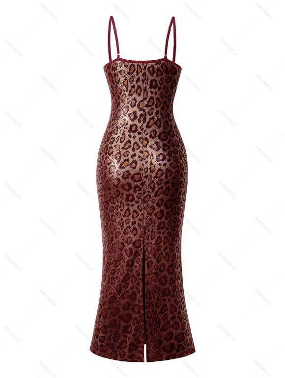Vintage Vacation Dress Leopard Print Spaghetti Strap Maxi Bodydon Dress - Rouge Vineux XXL | US 14