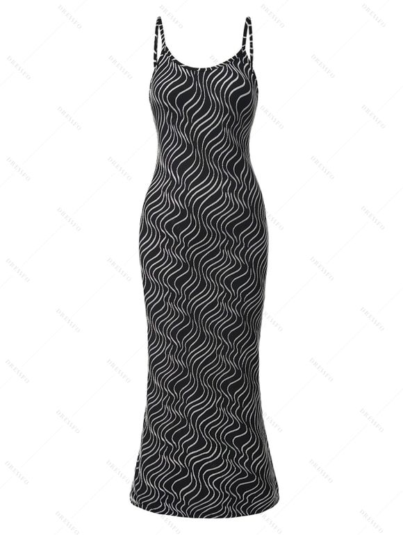 Vintage Couple Outfit Monochrome Wave Striped Print Spaghetti Strap Bodycon Maxi Dress and Shirt Textured Set - Noir S | US 4