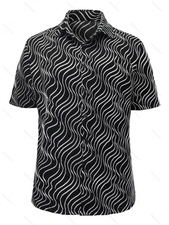 Vintage Couple Outfit Monochrome Wave Striped Print Spaghetti Strap Bodycon Maxi Dress and Shirt Textured Set - Noir S | US 4