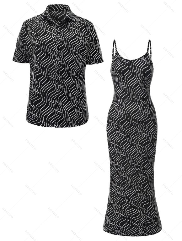 Vintage Couple Outfit Monochrome Wave Striped Print Spaghetti Strap Bodycon Maxi Dress and Shirt Textured Set - Noir S | US 4