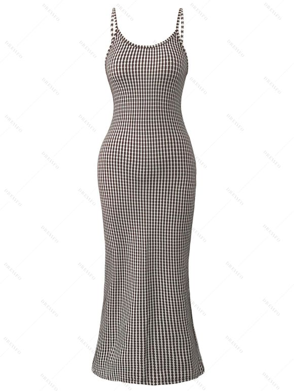 Vintage Couple Outfit Fine Check Print Spaghetti Strap Maxi Bodycon Dress and Shirt Textured Set - marron foncé S | US 4