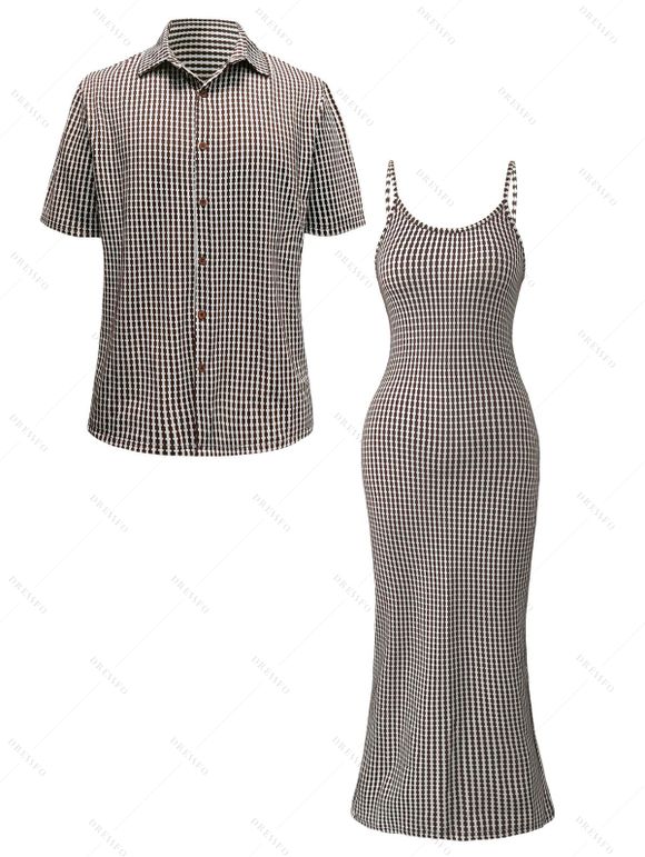 Vintage Couple Outfit Fine Check Print Spaghetti Strap Maxi Bodycon Dress and Shirt Textured Set - marron foncé S | US 4