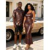 Vintage Vacation Couple Outfit Leopard Print Spaghetti Strap Maxi Bodydon Dress and Shirt Set - Rouge Vineux S | US 4