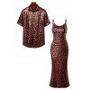 Vintage Vacation Couple Outfit Leopard Print Spaghetti Strap Maxi Bodydon Dress and Shirt Set - Rouge Vineux S | US 4