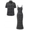 Vintage Couple Outfit Monochrome Wave Striped Print Spaghetti Strap Bodycon Maxi Dress and Shirt Textured Set - Noir S | US 4