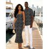 Vintage Couple Outfit Monochrome Wave Striped Print Spaghetti Strap Bodycon Maxi Dress and Shirt Textured Set - Noir S | US 4