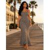 Vintage Dress Fine Check Print Spaghetti Strap Maxi Bodycon Textured Dress - marron foncé L | US 8-10
