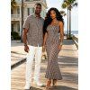 Vintage Couple Outfit Fine Check Print Spaghetti Strap Maxi Bodycon Dress and Shirt Textured Set - marron foncé S | US 4