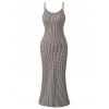 Vintage Couple Outfit Fine Check Print Spaghetti Strap Maxi Bodycon Dress and Shirt Textured Set - marron foncé S | US 4