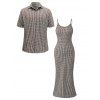 Vintage Couple Outfit Fine Check Print Spaghetti Strap Maxi Bodycon Dress and Shirt Textured Set - marron foncé S | US 4