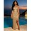 Party Dress Solid Color Sequined Ruched One Shoulder Slit Maxi Prom Dress - d'or S | US 4