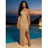 Party Dress Solid Color Sequined Ruched One Shoulder Slit Maxi Prom Dress - d'or L | US 8
