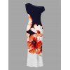 Hawaiian Vacation Dress Contrast Color Watercolor Flower Print Ruched One Shoulder Bodycon Maxi Dress - Bleu de Minuit XXL | US 14