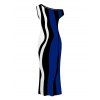 Vintage Dress Colorblock Art Fluid Curve Stripe Print Ruched One Shoulder Bodycon Maxi Dress - Bleu profond XXL | US 14
