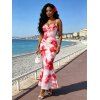 Vacation Dress Watercolor Tie Dye Rose Floral Print Crisscross Mesh Spaghetti Strap Bodycon Mermaid Maxi Dress - Rose clair XXL | US 14