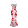 Vacation Dress Watercolor Tie Dye Rose Floral Print Crisscross Mesh Spaghetti Strap Bodycon Mermaid Maxi Dress - Rose clair XXL | US 14