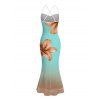 Vacation Dress Lily Floral Print Ombre Crisscross Mesh Spaghetti Strap Bodycon Mermaid Maxi Dress - Turquoise XXL | US 14