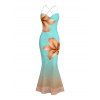 Vacation Dress Lily Floral Print Ombre Crisscross Mesh Spaghetti Strap Bodycon Mermaid Maxi Dress - Turquoise XXL | US 14