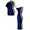 Vintage Couple Outfit Colorblock Art Fluid Curve Stripe Print Ruched One Shoulder Bodycon Maxi Dress and Shirt Set - Bleu profond S | US 4