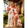 Vacation Couple Outfit Watercolor Floral Print Lace Hollow Out Spaghetti Strap Slit Dress and Shirt Set - Orange Foncé S | US 4